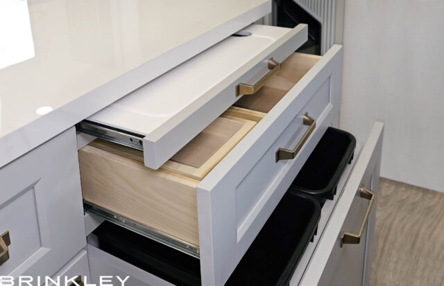 | Model G Fifth Wheel Toy Hauler Line 93 Pull-Out Trash Bins w/ Cutting Board & Storage Drawers