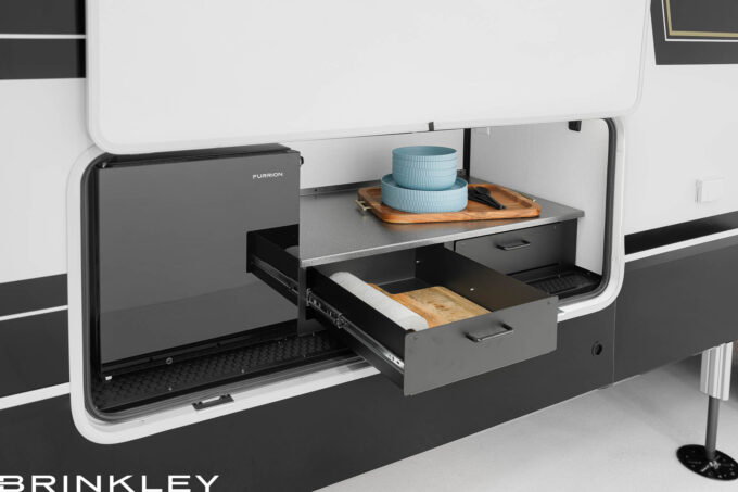 | Model Z 2810 Fifth Wheels 43 Fifth Wheel Exterior/Outside Kitchen with a Fridge on the Campside of the RV