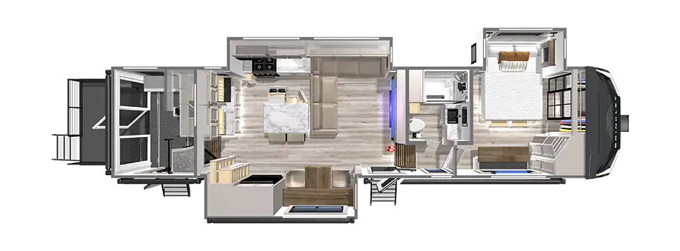 Brinkley RV Model G 3250 Toy Hauler Floorplan G3250 Toy Hauler Garage eBikes Outside Kitchen Patio Floorplan