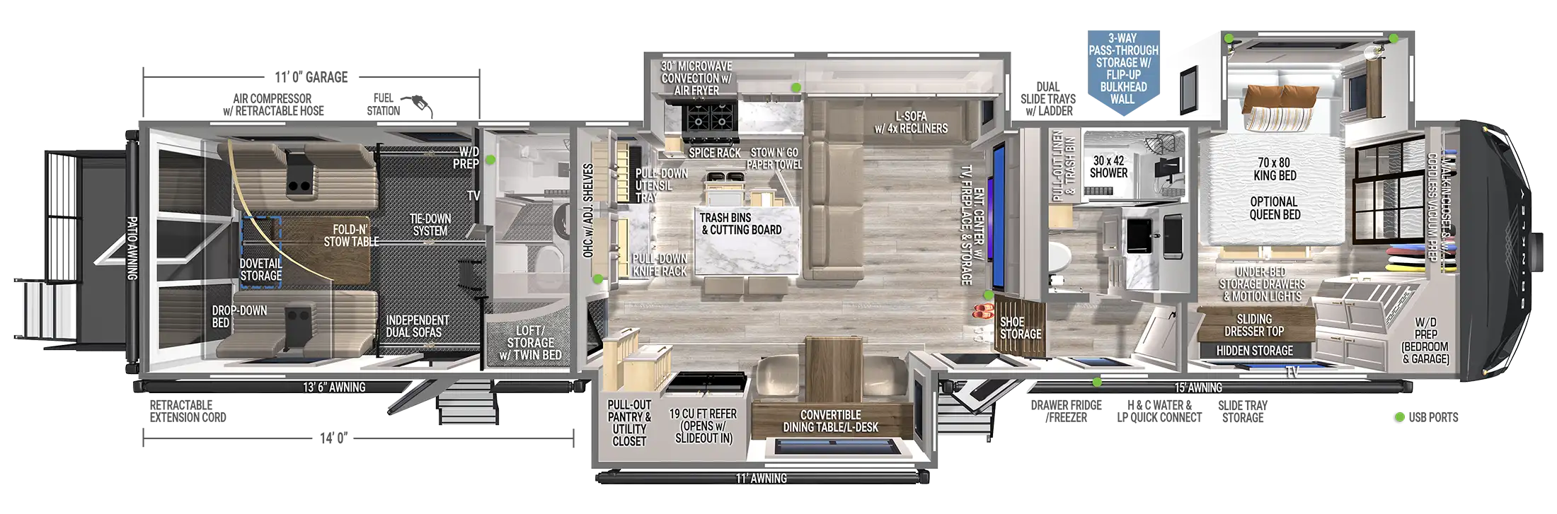 | Model G 3970 Toy Haulers 1 Toy Hauler Fifth Wheel with Two Bathrooms
