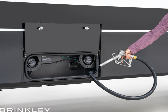 | Model Gx Toy Hauler Line 63 Brinkley RV Model Gx 3500x fuel station with 60-gallon capacity and integrated pump for generators and toys.