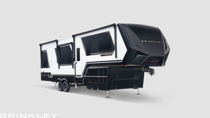 | Model Gx Toy Hauler Line 58 Brinkley RV Model Gx 3500x Luxury Fifth Wheel Toy Hauler with a garage and automotive exterior.